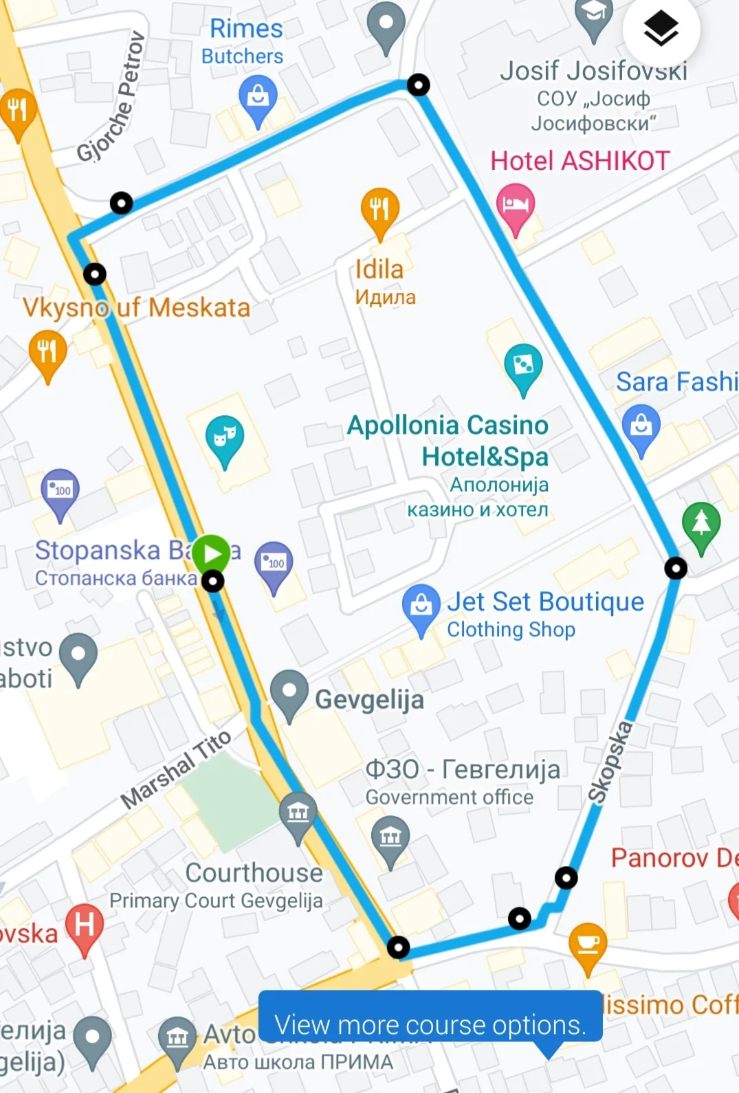 Улична мапа на објавената патека од 1 километар за детската трка во Гевгелија